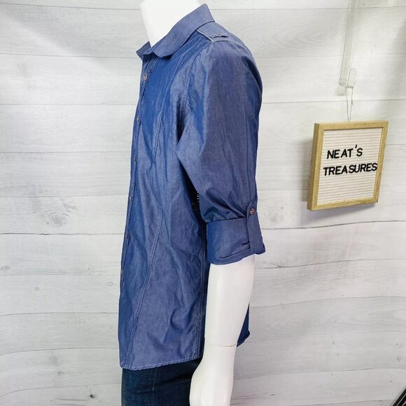INC International Concept Macys Blue Roll Tab Sleeve Shoulder Tab Shirt Sz L NEW - Picture 3 of 12
